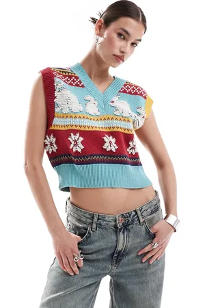 Urban Revivo V-neck rabbit intarsia knitted vest top in
