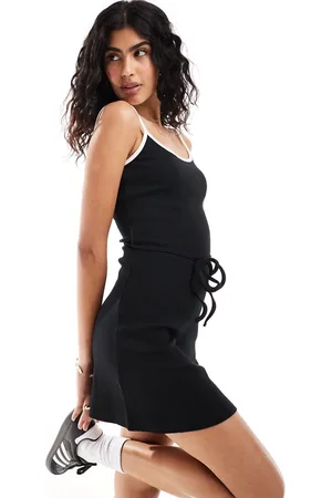 ASOS Cami skater mini dress with tie waist in with white contrast binding