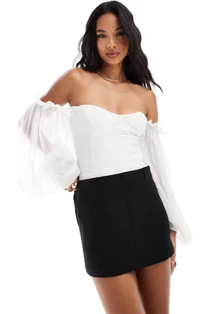 Lace & Beads Balloon sleeve ruched bodysuit in ivory
