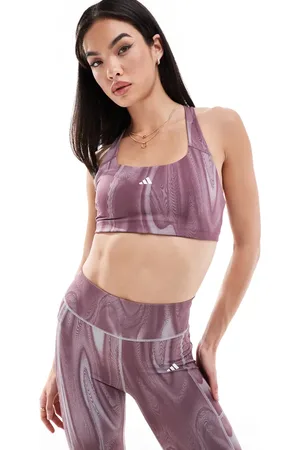 adidas Powerimpact training medium-support 3-stripes sports bra in purple