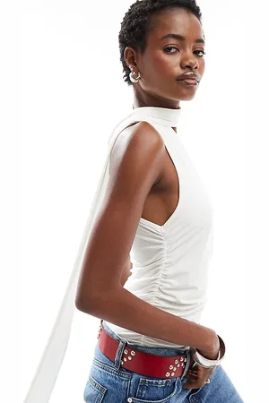 Daisy Street Scarf detail one shoulder soft touch top in ivory