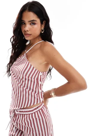 ASOS Asymmetric hanky halterneck top co-ord in burgandy stripe