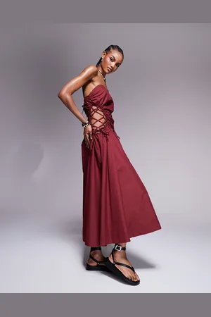 ASOS Bandeau midi with lattice detail waist in burgundy
