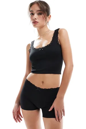ASOS Iris ribbed vest and short set with lace trim in black