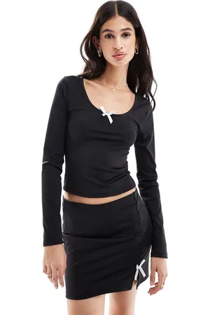 Pieces® Mix & Match slinky long sleeved top co-ord with pink bow front in