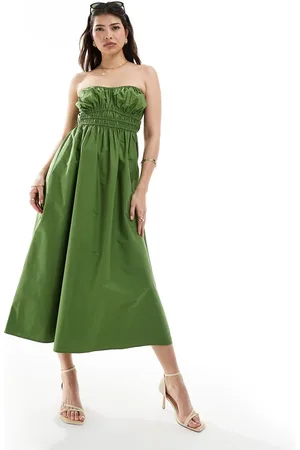 ASOS Midi bandeau sundress with ruched bust detail in khaki