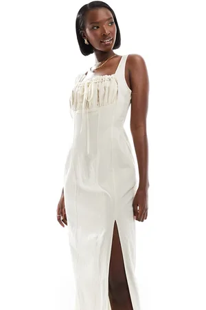 ASOS Linen midi pencil dress with ruched bust & ribbon trim in natural