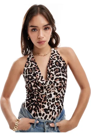Bershka Cowl neck polyamide bodysuit in leopard print
