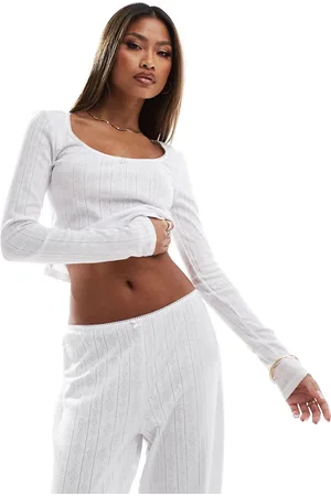Kaiia Pointelle ribbed bow detail round neck top co-ord in white