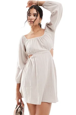Pimkie Bardot volume sleeve cut out mini skater dress in ecru