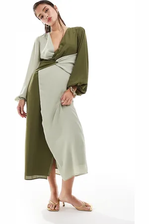 Pretty Lavish Knot front contrast midi dress in olive and sage