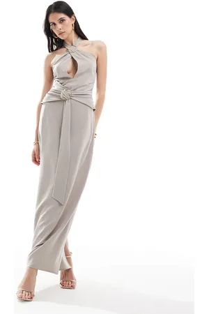 Pretty Lavish Halterneck ring detail maxi dress in stone
