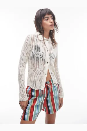 Topshop Knitted long sleeve stitchy pattern shirt in cream