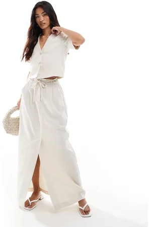VERO MODA Mix and match linen touch tie waist column maxi skirt with front split in beige