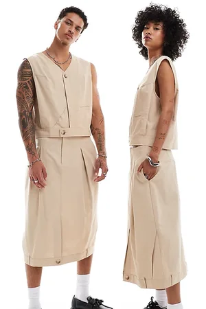 Reclaimed Unisex linen look midi skirt in stone