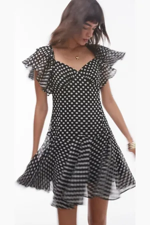 Topshop Ruffle mini tea dress in mono polka dot