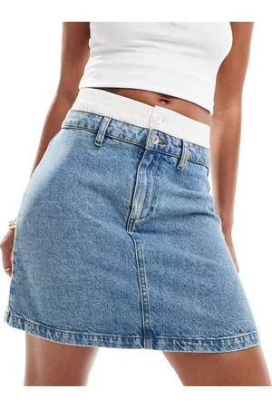 ASOS Denim mini skirt with boxer waistband in bleach wash