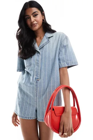 ASOS Denim boxy shirt playsuit in stripe