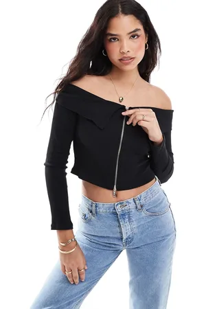 Pieces® Off the shoulder zip through long sleeve top in
