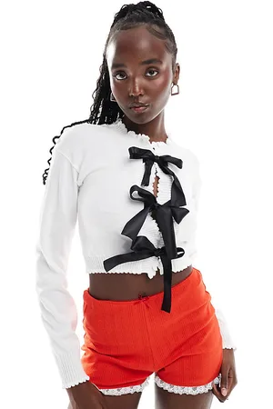 Daisy Street Frill detail cardigan in white with black ribbon ties