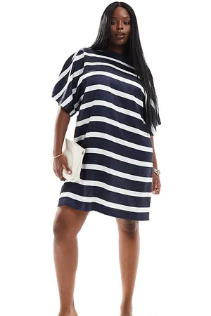 ASOS ASOS DESIGN Curve satin oversized mini tshirt dress in navy stripe