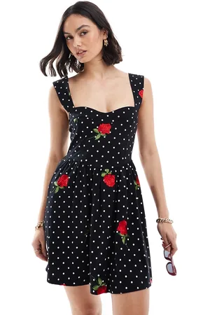 ASOS Cami strap embroidery mini dress in black with white polka dot