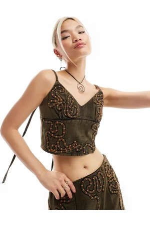 COLLUSION Festival cami top co ord with corded embroidery in chocolate