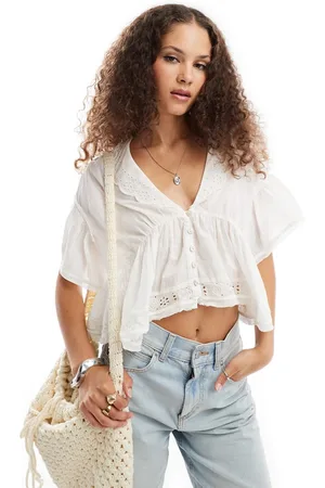 Free People Low v neck floaty blouse with broderie in ivory