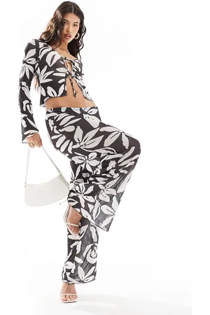 ASOS Co-ord textured mesh wide leg trousers in black mono oversized floral