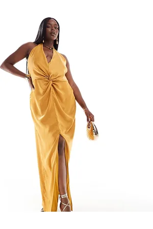 TFNC TFNC Bridesmaids Plus satin halterneck twist front maxi dress in marigold