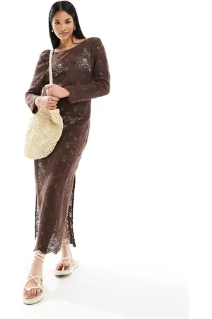 Iisla & Bird Long sleeve maxi crochet beach dress in dark