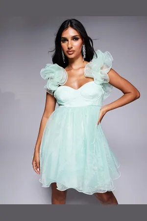 ASOS Organza ruffle baby doll skater mini dress in green polka dot print