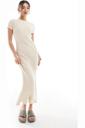 ASOS Knitted crew neck midaxi dress in rib in cream