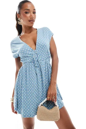 ASOS Crinkle short sleeve v neck tie front mini tea dress in blue polka dot