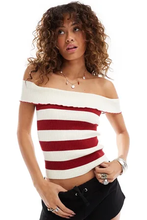 Motel Falea off-shoulder striped knit top in ivory and red