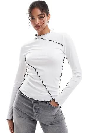 Pieces® Long sleeved top with contrast lettuce edge detailing in