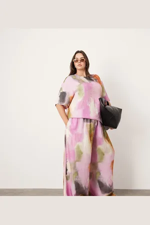 ASOS Curve super wide leg drawstring waist co-ord in bold watercolour
