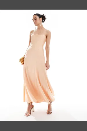 ASOS Satin bandeau midi dress with shaped neckline in peach