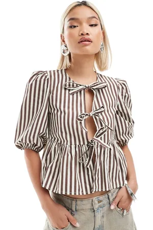 Daisy Street Peplum hem tie front smock top in brown stripe