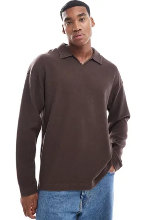 ADPT. Oversized heavy weight ribbed long sleeve polo in chocolate