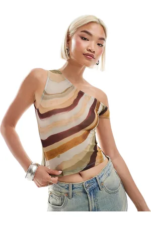 Motel Sohan off-shoulder mesh top in wiggle sunset print