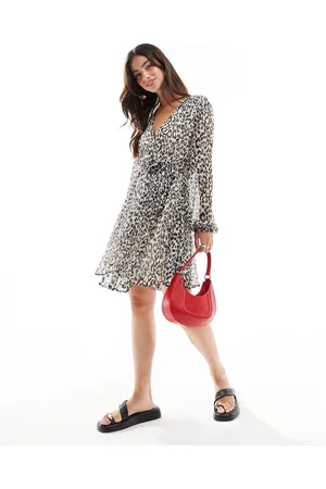 VILA Chiffon wrap mini dress in mono leopard print