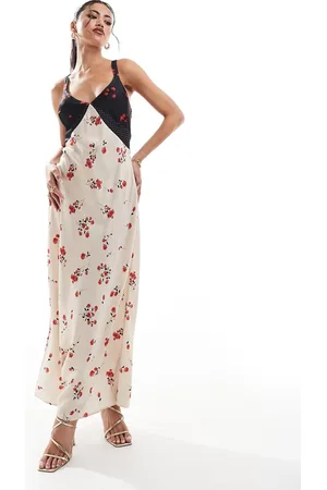 French Connection Satin midi dress in mixed print with lace insert in cream and black