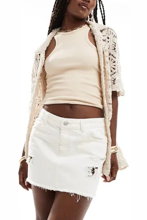 Noisy May Raw hem denim mini skirt with leo trim in ecru