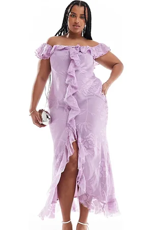 ASOS ASOS DESIGN Curve bardot ruffle front bias maxi dress in floral jacquard in lilac