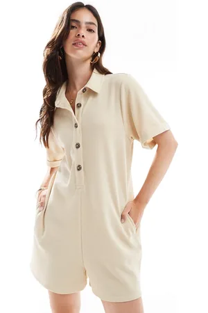 ASOS Boxy playsuit with shirt collar and half button placket in stone