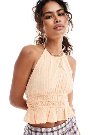 Monki Seersucker halter neck open back top with frill detail in coral