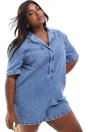 ASOS ASOS DESIGN Curve denim boxy shirt playsuit in midwash