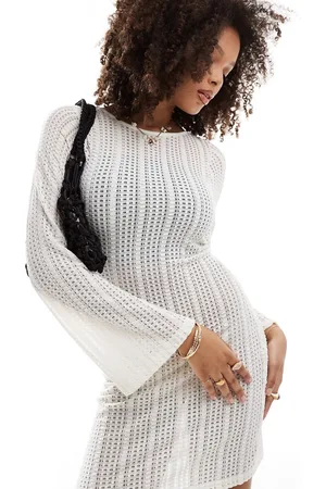 Brave Soul Long sleeve mesh knitted dress in off