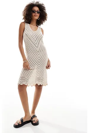 JDY V neck crochet midi dress in cream